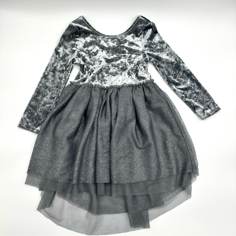 Cat & Jack Sparkly Silver Crushed Velvet Dress with Glittery Tulle Skirt - Sz 3T